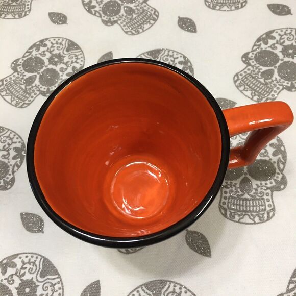 Halloween Mug Crow Raven Pumpkin Hand-Painted Black Orange Square Handle Ceramic - Picture 4 of 8